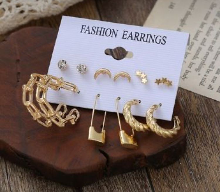 Stylish Golden Star Geometrical Safety Pin Hoop Earrings Set of 6 Pairs For Women