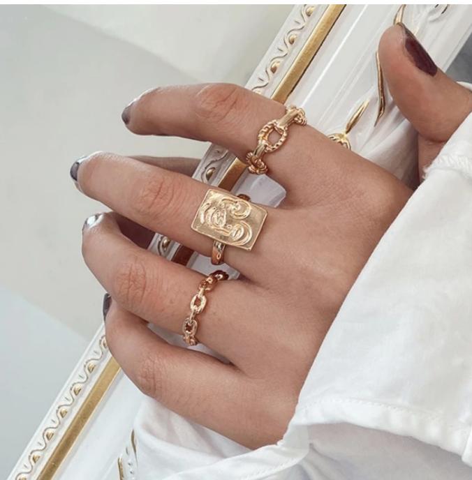 Yu Fashions Bohemian Golden Ring Vintage Face Link Chain Ring Set of 3