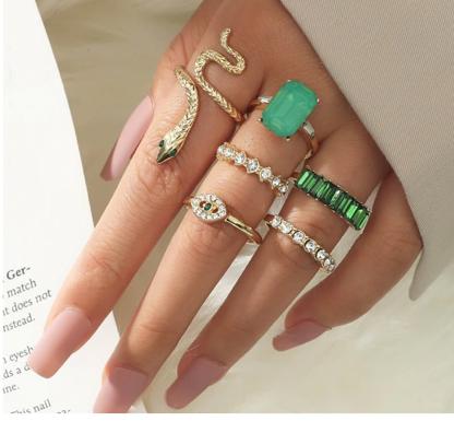Yu Fashions Green Emerald Stones Snake animal Evil Eye Ring Set of 6