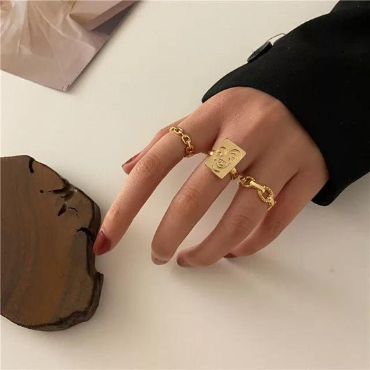 Yu Fashions Bohemian Golden Ring Vintage Face Link Chain Ring Set of 3