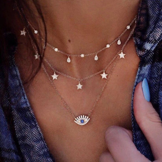 Yu Fashions 3 layered Evil Demon Devil Eye Charm Multilayered Necklace Chain
