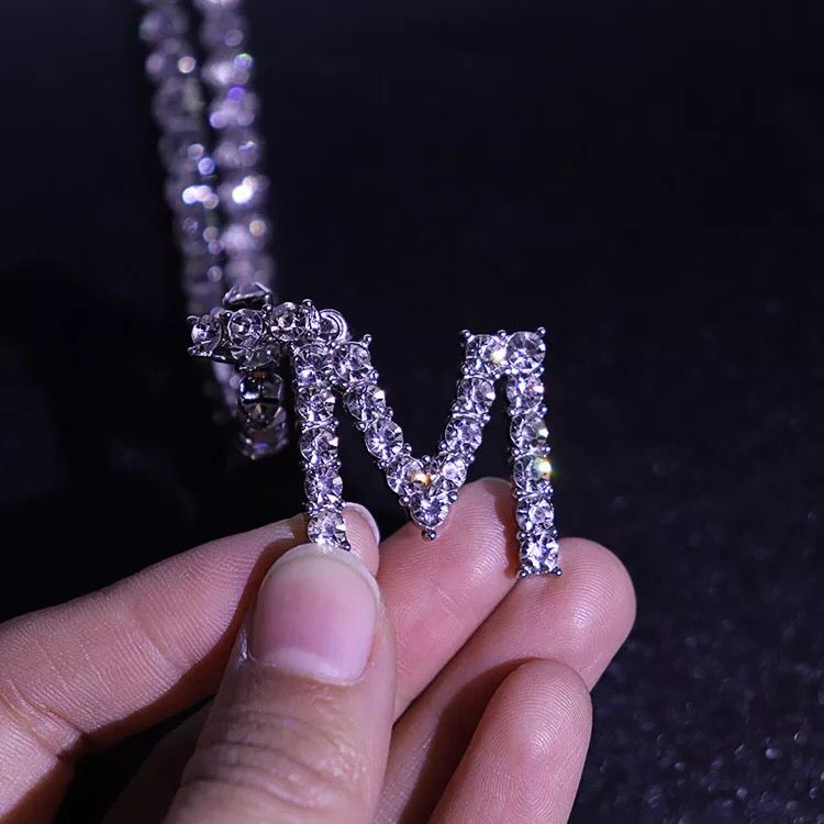 Yu Fashions Rhinestone Alphabet Name Initial Pendent Necklace Tennis Chain