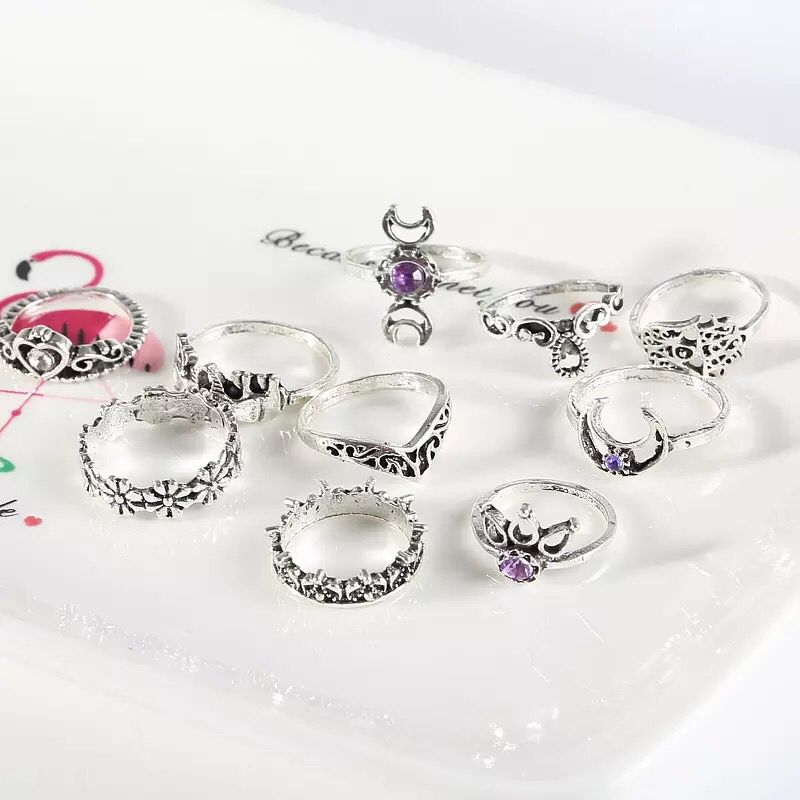 Yu Fashions Purple Crescent Moon Flower Link Boho Korean Silver Ring Set of 10