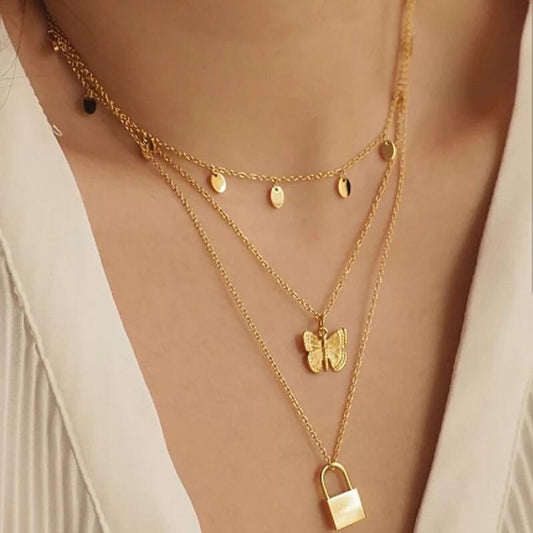 Yu Fashions 3 layered Lock Butterfly Oil Drop Multilayered Necklace Chain