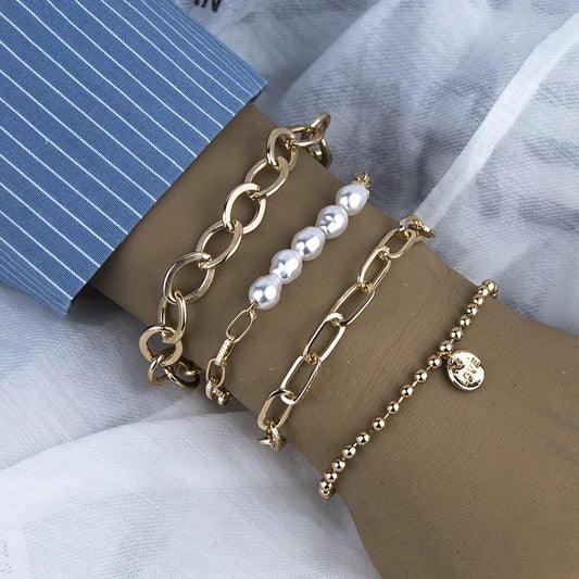 Yu Fashions 4 Layered Coin Pearl Link Chain Multilayered Korean Bracelet