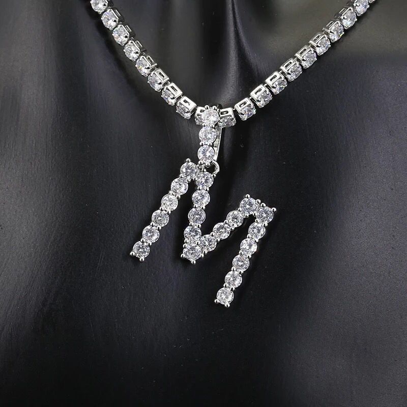 Yu Fashions Rhinestone Alphabet Name Initial Pendent Necklace Tennis Chain