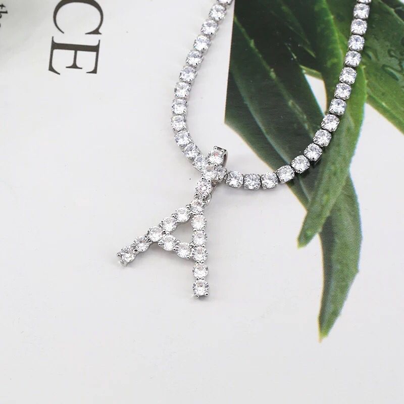 Yu Fashions Rhinestone Alphabet Name Initial Pendent Necklace Tennis Chain