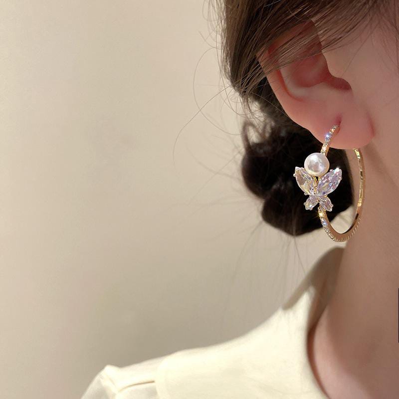 Yu Fashions Flower Rhinestone Hoop Korean Earrings Pair