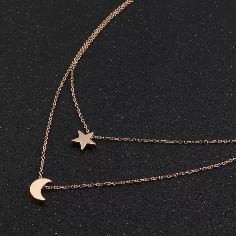Yu Fashions Moon & Star Minimal Pendent 2 layered Necklace Chain