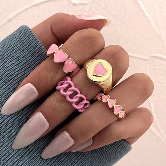 Yu Fashions Pink Acrylic Heart Golden Ring Set of 4