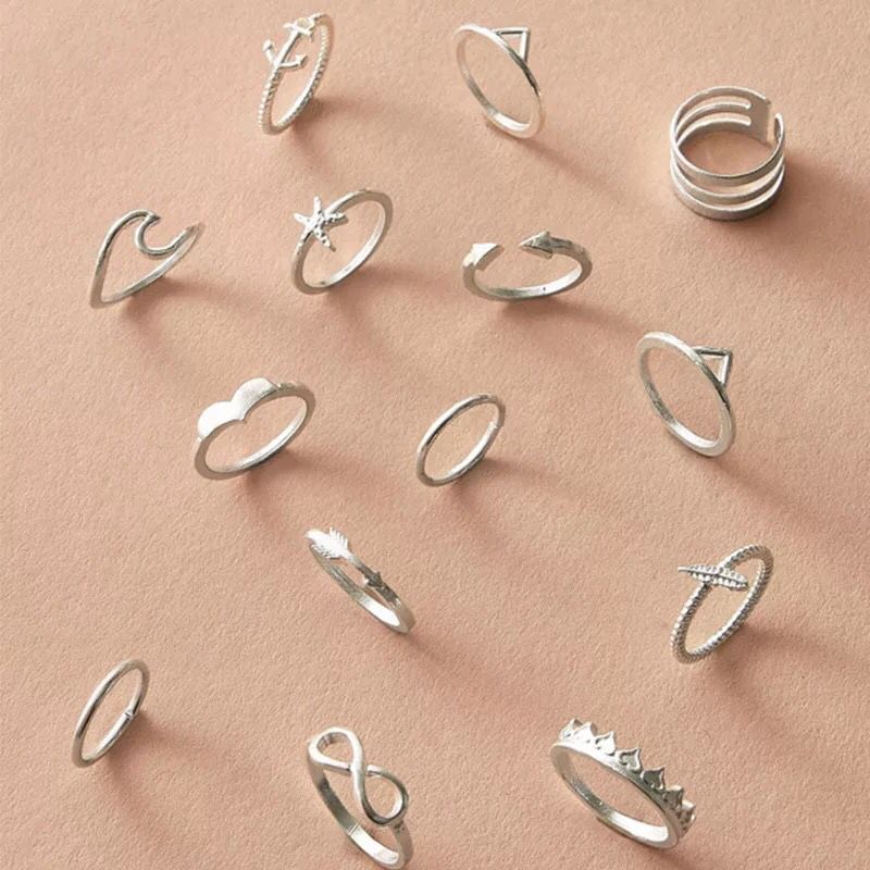 Yu Fashions Infinity Bohemian Silver Ring Set of 14