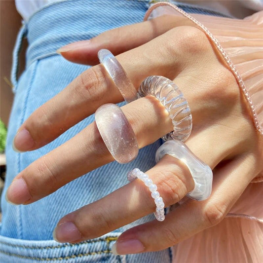 Yu Fashions Pinterest Inspired Funky Acrylic Resin Transparent Clear Ring Set of 5