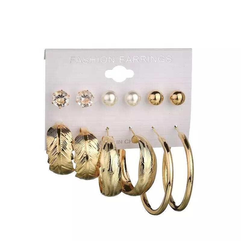 Yu Fashions Leaf Texture Golden Hoop Stud Korean Earrings Pair of 6