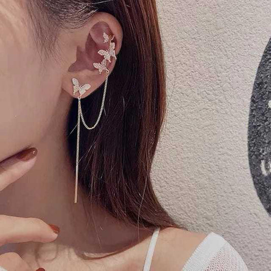 Yu Fashions Rhinestone Cute Butterfly Chain Korean Earrings Pair